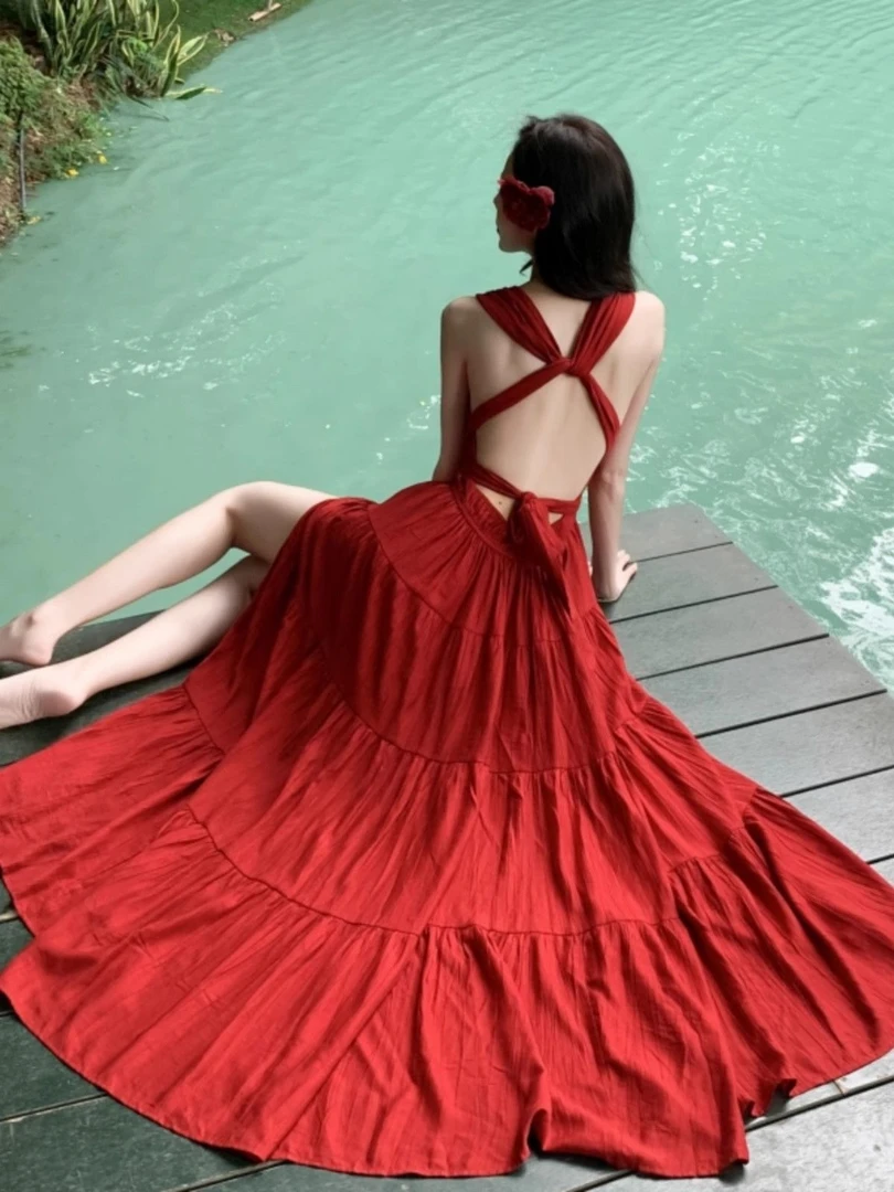 法式红色绑带连衣裙夏季新款海边度假绝美露背性感开叉显瘦长裙子