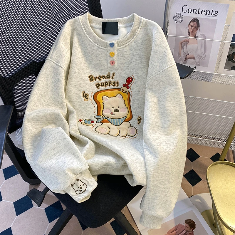 秋冬季新款宽松显瘦刺绣圆领卫衣女韩系大码胖mm加绒高级感上衣服