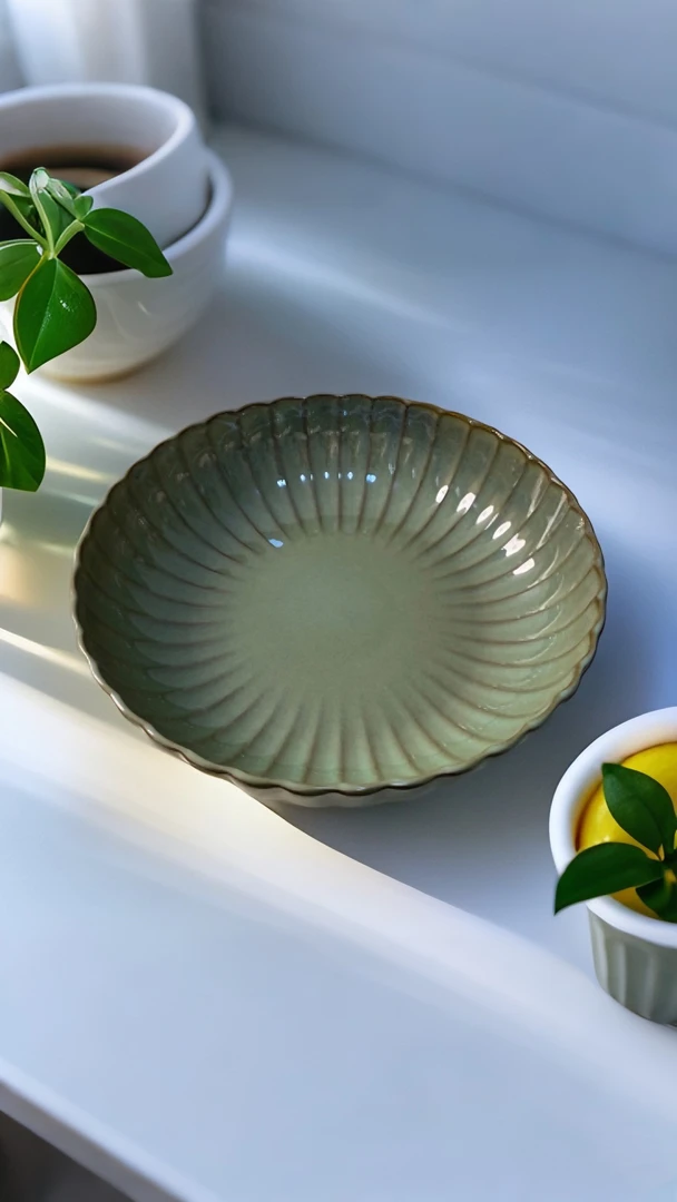 110默认微瑕绿色陶瓷家用浮雕点心盘花瓣型大深碗11.8英寸29.97cm
