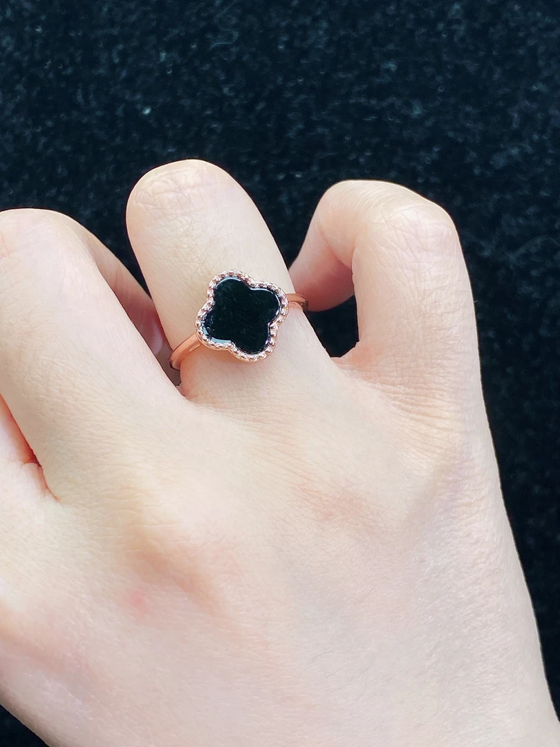 天然翡翠A货墨翠四叶草戒指通体S925银镶嵌