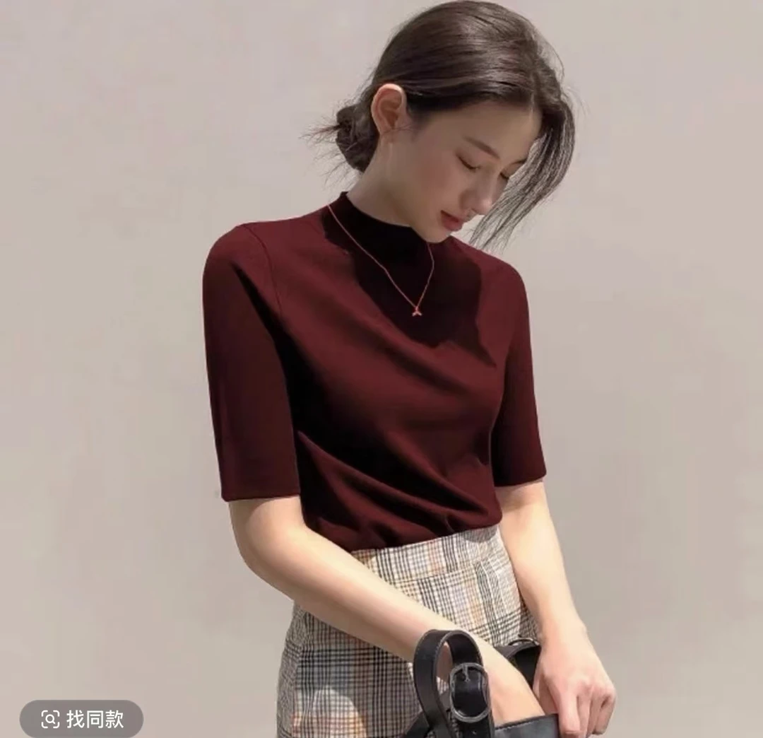 春秋新款时尚百搭中袖T恤女新款洋气减龄上衣轻薄透气纯色打底衫