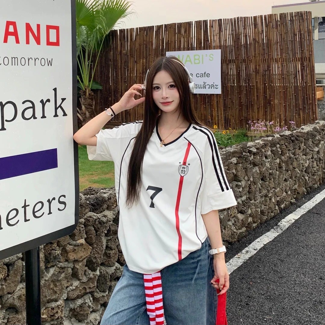 3MER 美式撞色织带V领速干短袖T恤女夏季凉感运动球衣上衣