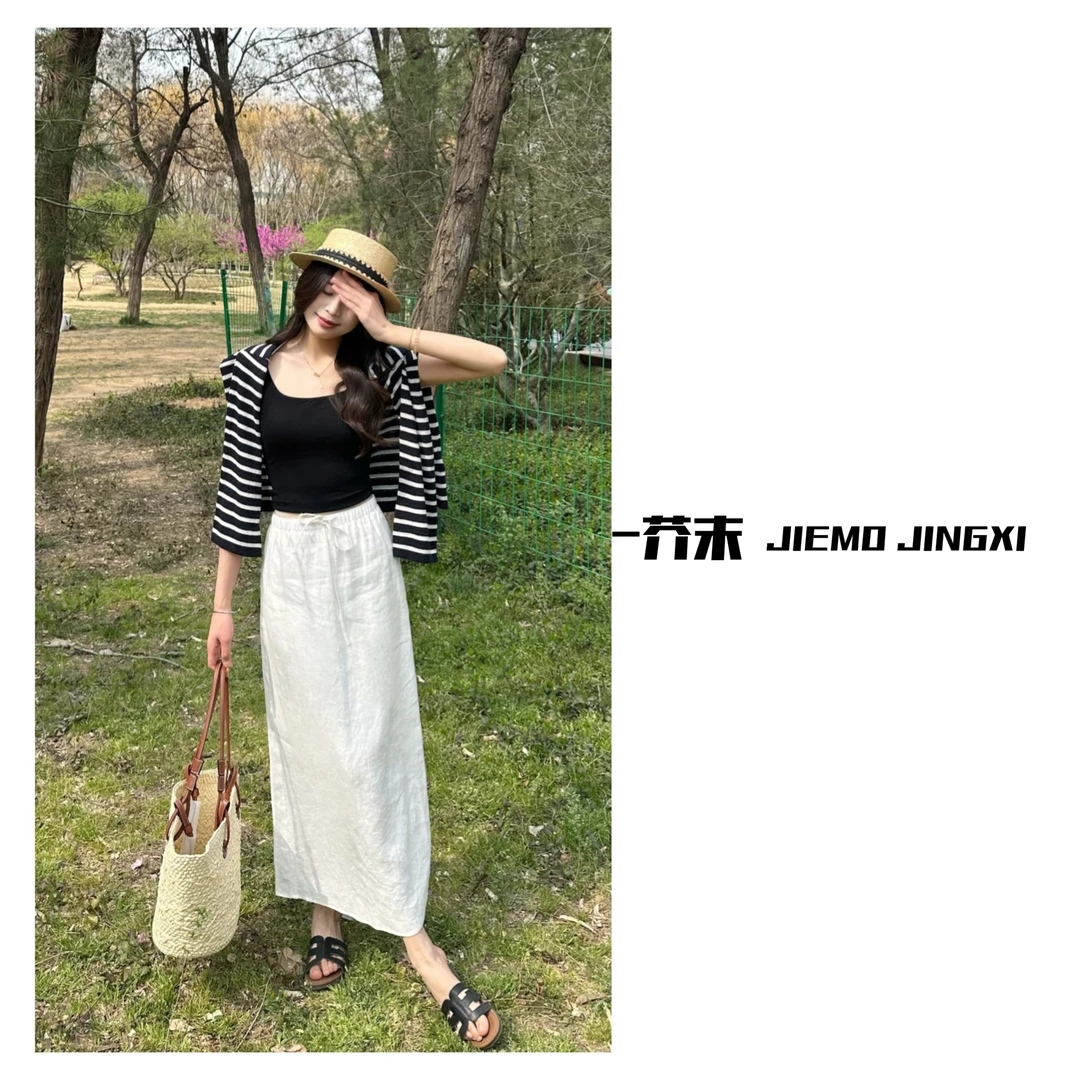 【芥末晶喜亚麻半身裙】白色亚麻半身裙女流行爆款半裙显瘦夏季新款