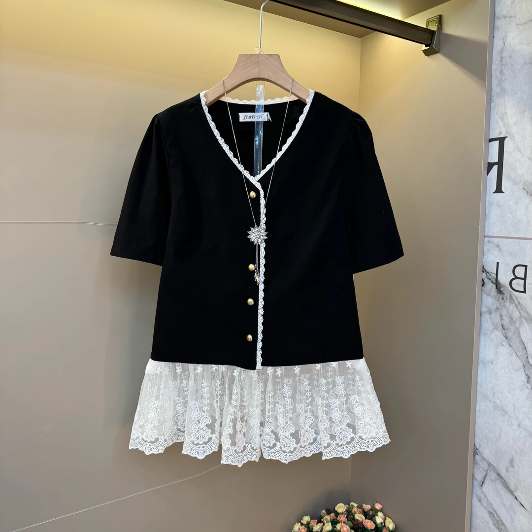 大码胖mm小香风蕾丝拼接短袖T恤女夏季新款时尚风V领减龄宽松上衣