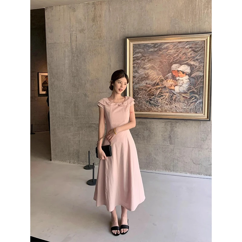 夏季新款公主日记~韩系气质蝴蝶结领子粉色小飞袖连衣裙女长款裙