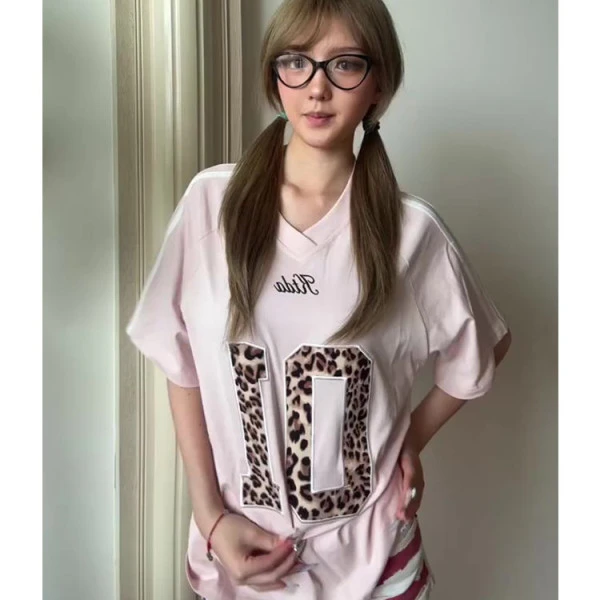 美式高级感豹纹贴布刺绣v领短袖t恤女夏新爆款重磅条纹杠插肩上衣