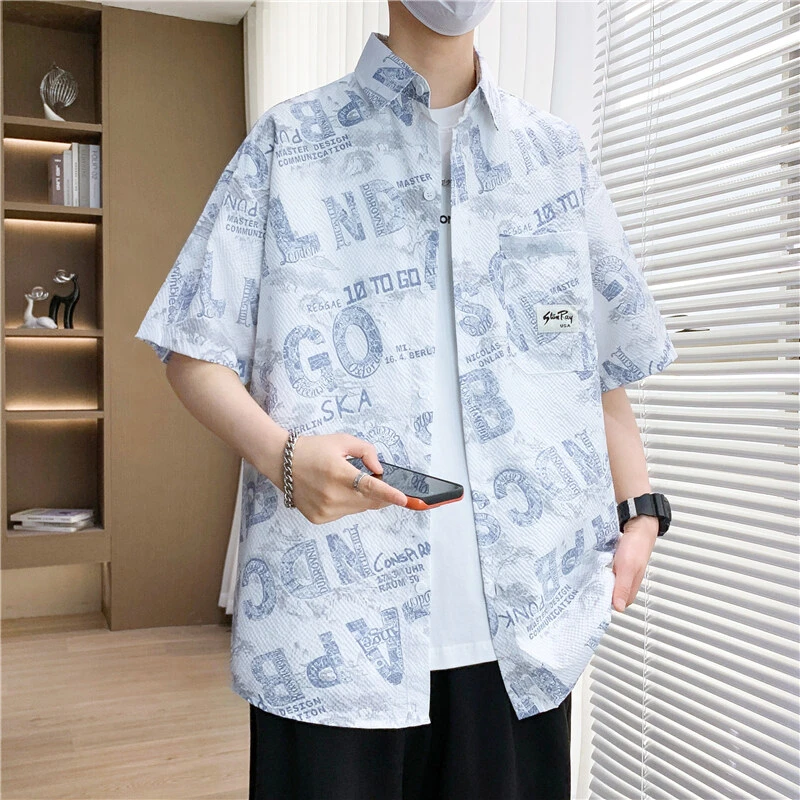 2025夏季新款潮牌字母韩版男士短袖衬衫痞帅潮流青少年学生薄衬衫