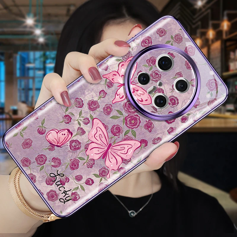 适用华为mate70pro玫瑰粉蝶手机壳高级感pura80+全包防摔60新款女