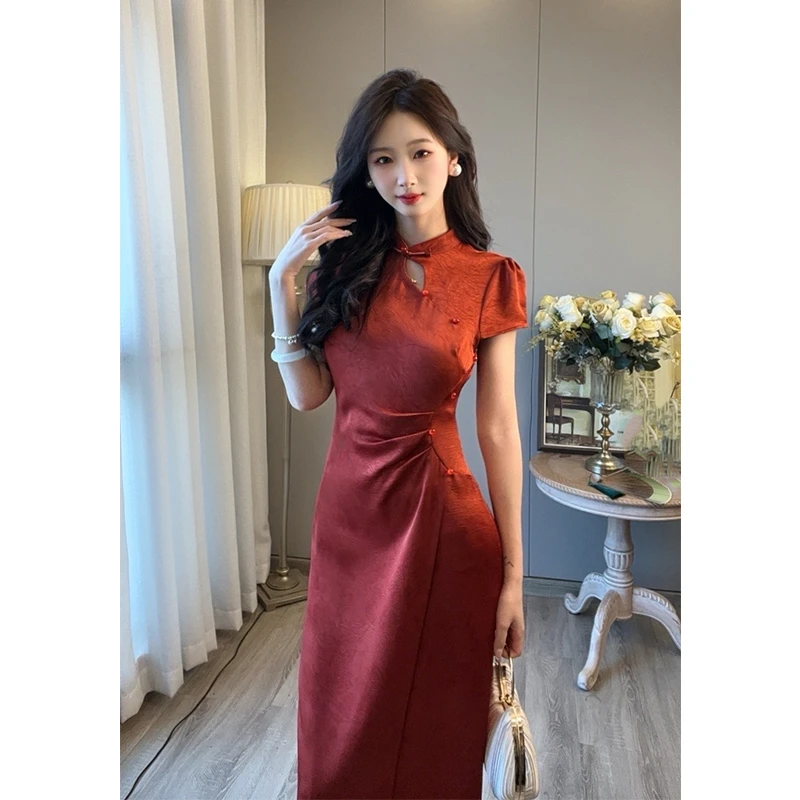 【熹微】小楼家新中式复古国风旗袍连衣裙女夏新款红色气质显瘦长裙