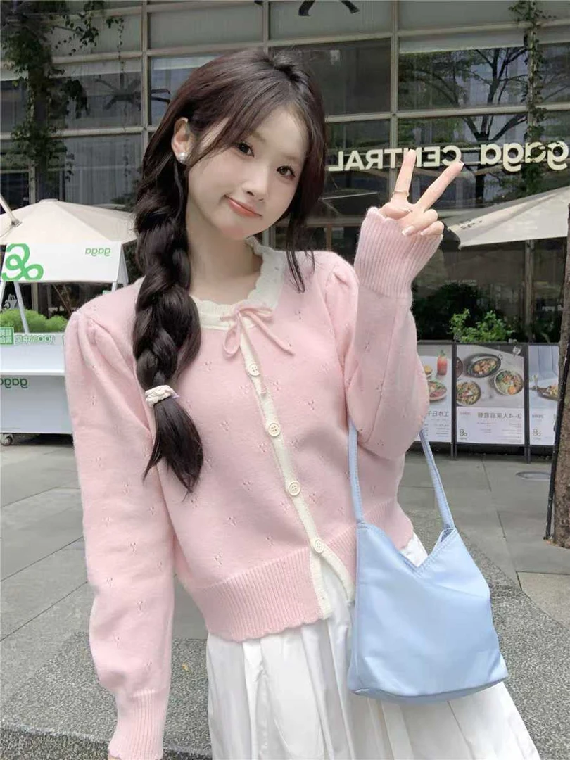 甜美温柔风韩系秋季新款系带蝴蝶结短款针织开衫拼色高级感毛衣女