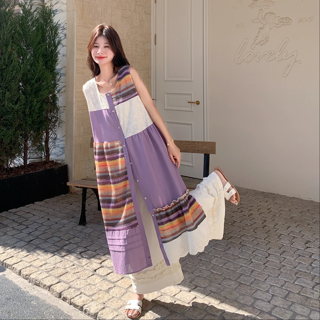 甜美减龄条纹拼接背心裙套装女2025年夏季新款老钱风阔腿裤两件套