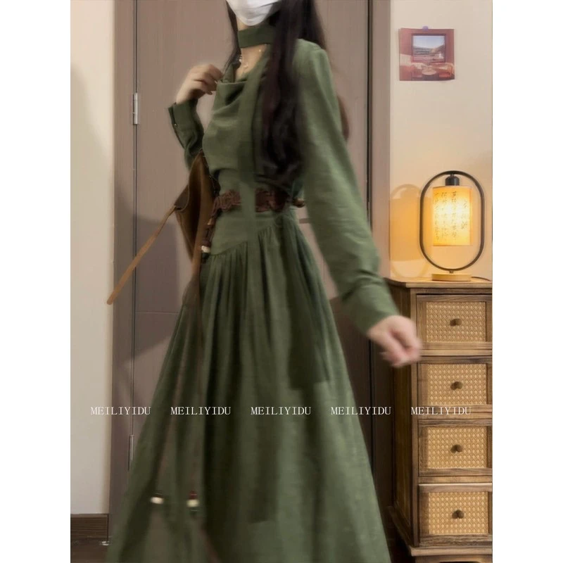 MLYD/定制 大码新中式复古荡领绿色长袖连衣裙女秋季收腰气质长裙