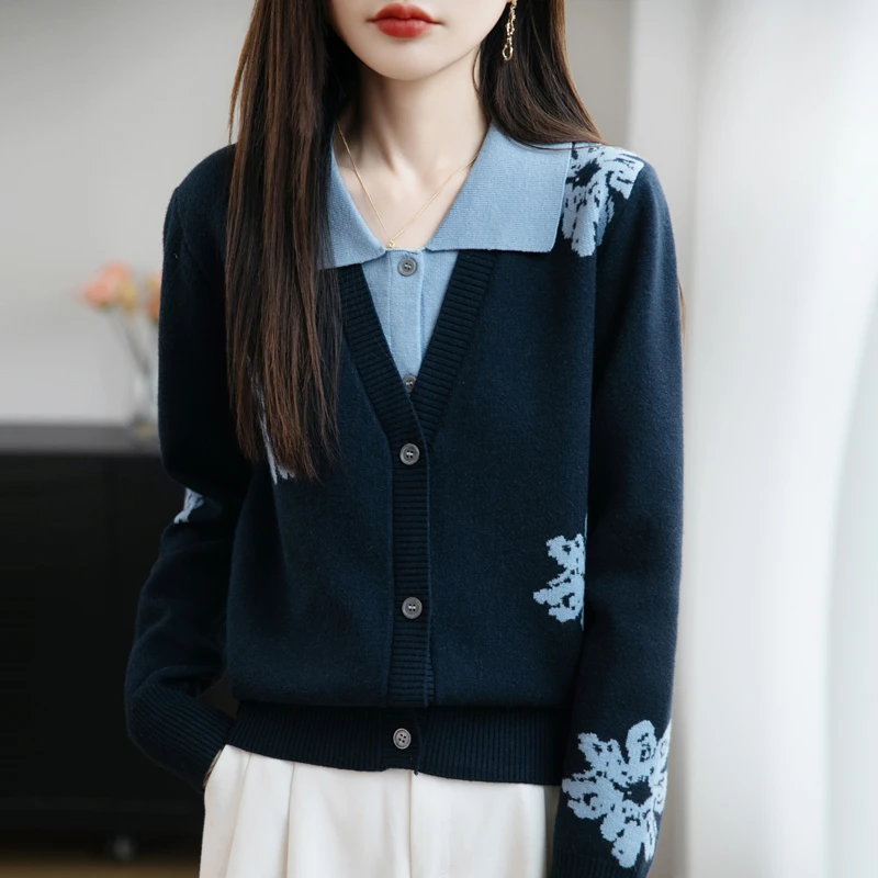 哥弟阿玛施正品秋冬新款精纺细支羊毛衫女假两件V领开衫宽松上衣