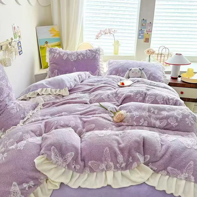 花边兔毛绒四件套-紫