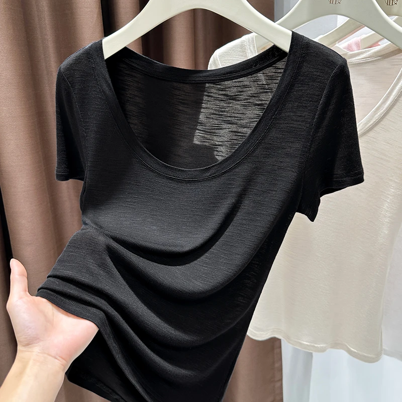 韩系高级感黑色低圆领性感上衣女秋季新款柔软短袖正肩打底衫T恤