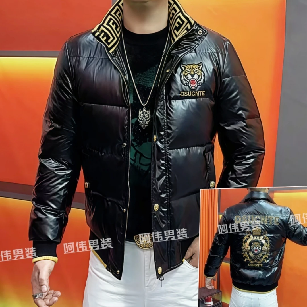 阿伟家秋冬男士刺绣老虎款外套时尚潮流保暖亮面修身立领款羽绒服