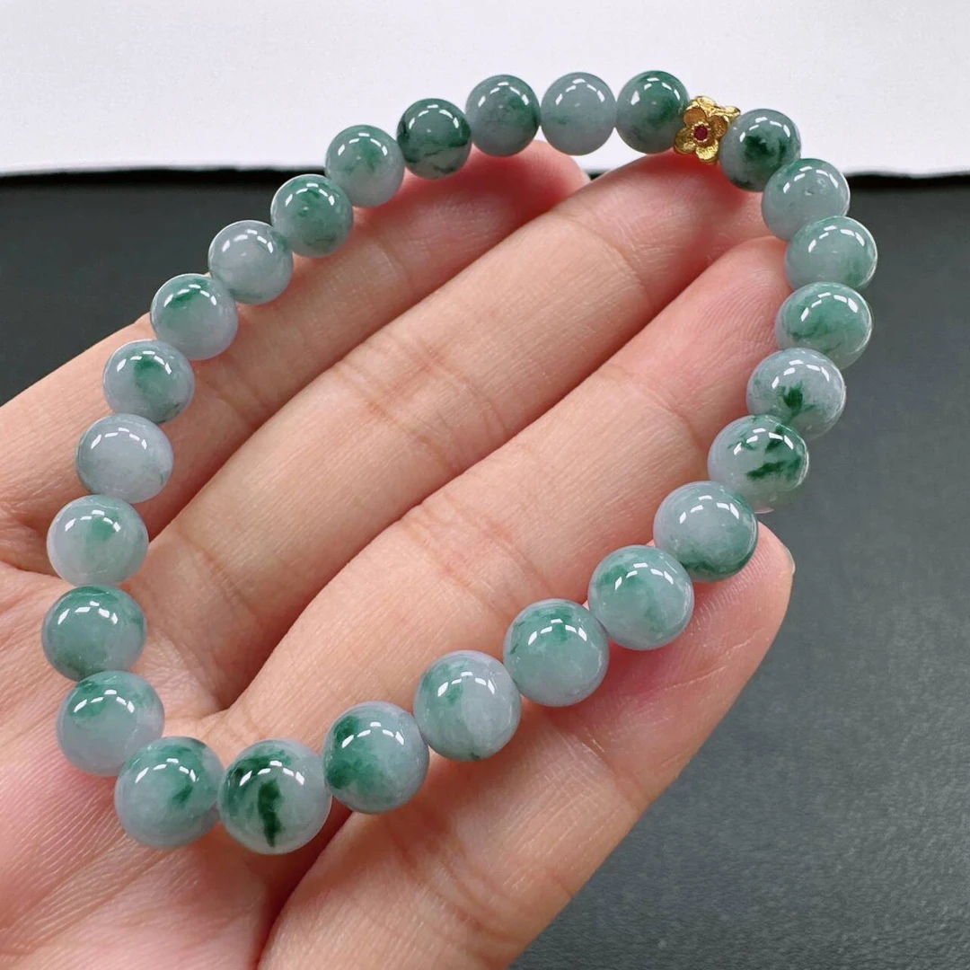 缅甸天然A货翡翠卡7mm糯冰种水润浅紫罗兰飘花圆珠女款时尚手串