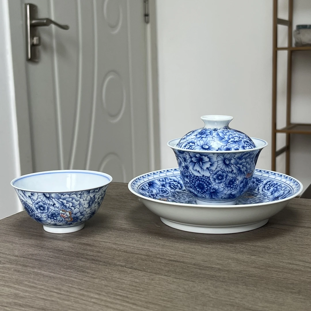 百花不落地三才小盖碗加主人杯景德镇陶瓷茶具