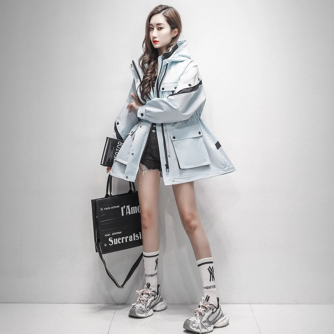 高端户外冲锋衣中长款女工装风连帽风衣韩版高级感户外时尚外套