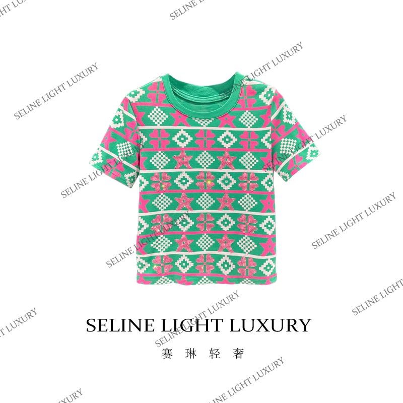 【25C-140】太 2025 SELINE 原创简约菱格图腾印花时尚百搭圆领短袖