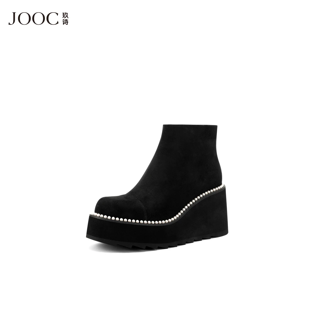 【经典重现】JOOC玖诗圆珍珠绕边短筒靴女秋冬新款厚底瘦瘦靴
