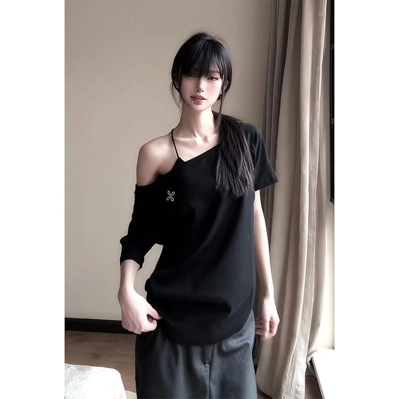 【UBKA】美式高街辣妹斜肩短袖T恤女夏季新款黑色百搭洋气宽松上衣