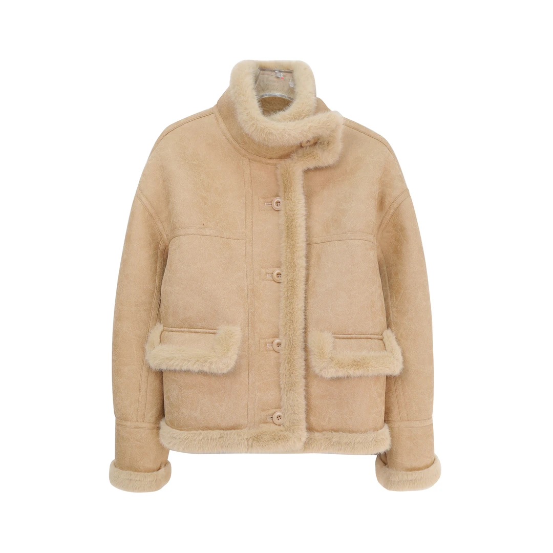 潮流辣妹风拼接单排扣毛绒短款加厚外套X3070