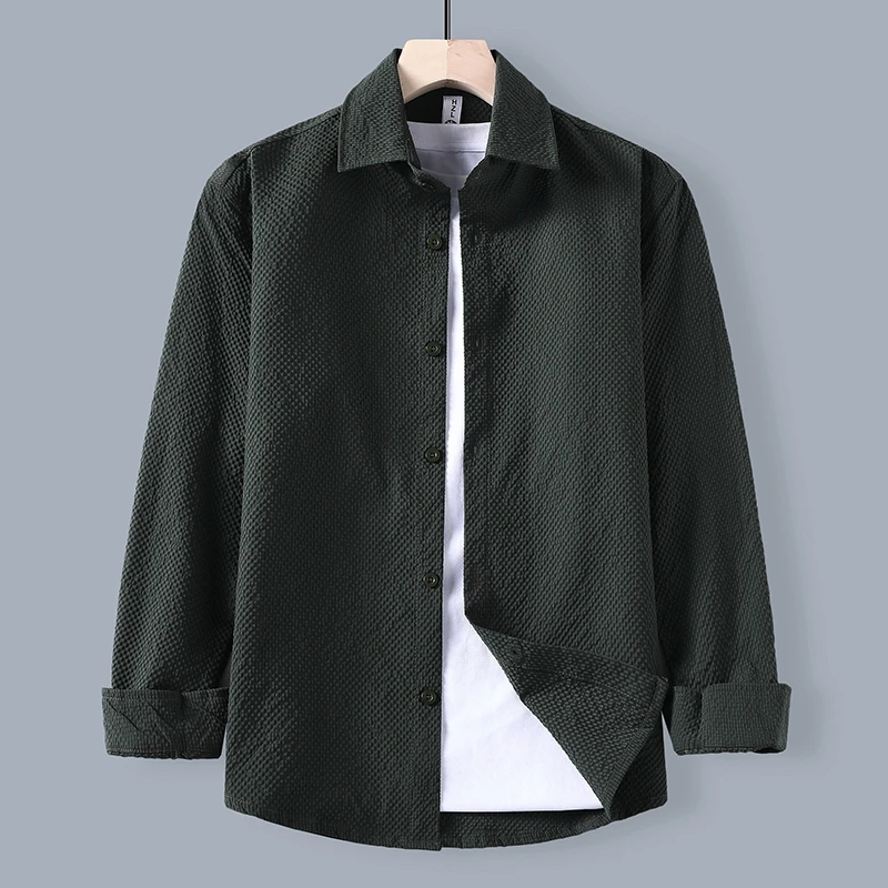 秋季泡泡纱港风时尚休闲潮流百搭修身帅气简约男士长袖翻领衬衫男