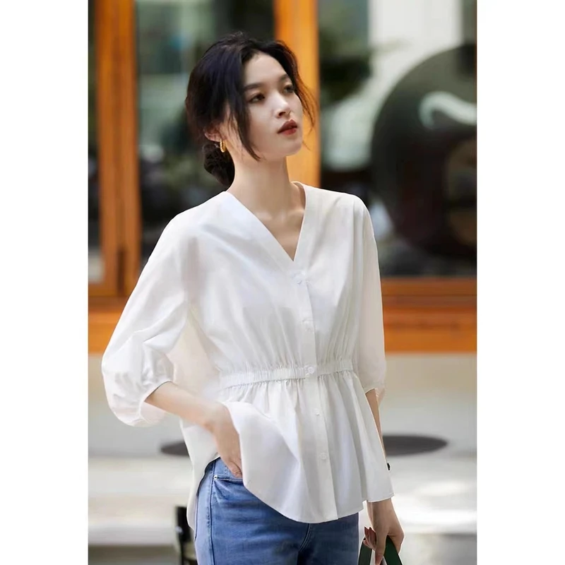 宽松大码女装时尚遮肚子显瘦女七分袖衫衬夏季小衫秋季遮肚子洋气
