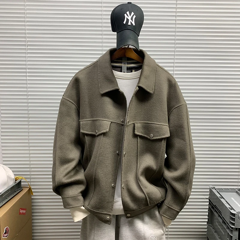 秋冬新款高品质翻领羊毛呢子外套男士潮流休闲宽松时尚双面呢夹克