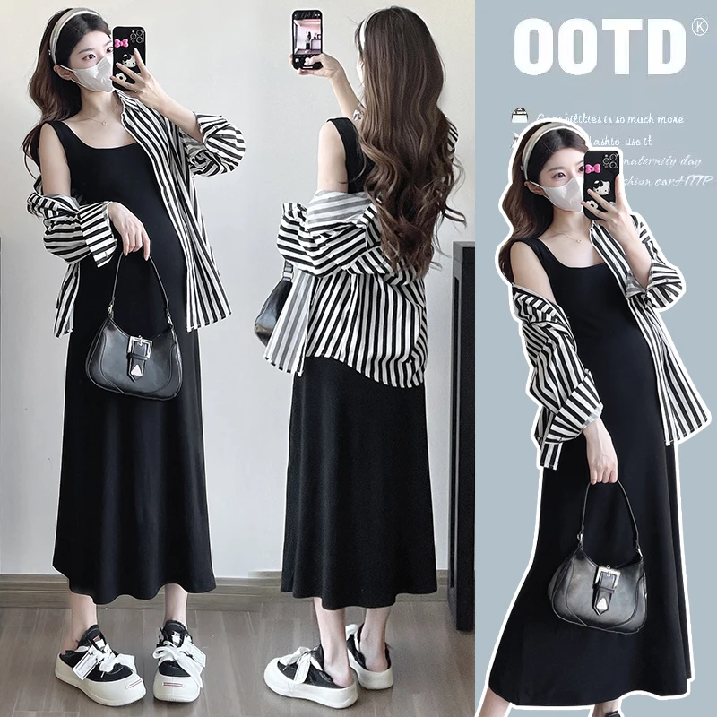 孕妇装早秋连衣裙时尚韩版大码条纹防晒衬衫宽松显瘦高级黑吊带裙