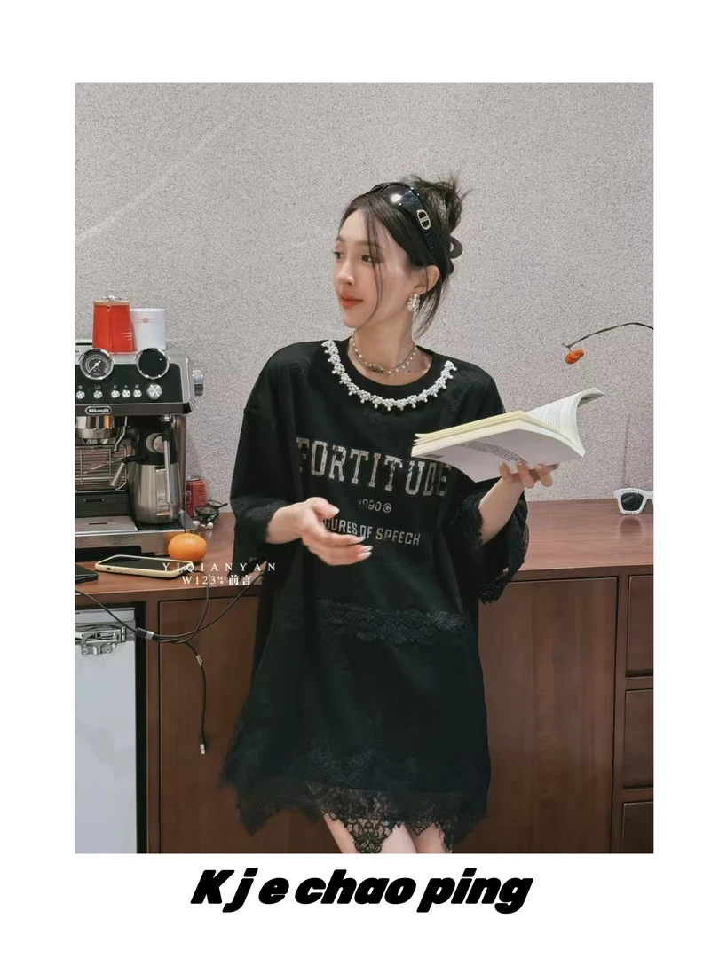 #7716拼蕾丝领口珍珠T裙