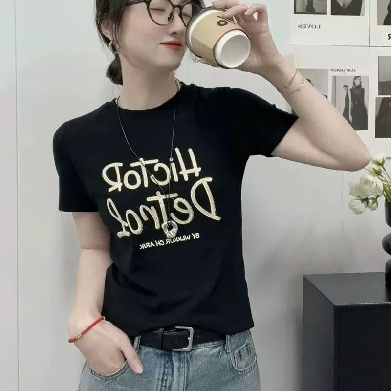 585夏季新款时尚高品质字母印花休闲百搭短袖T恤女