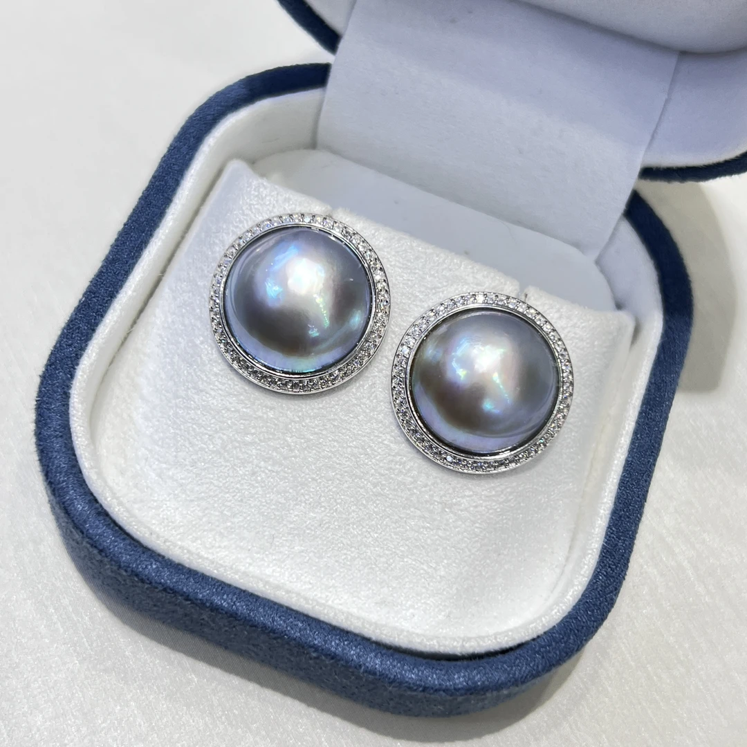 浮梦珍珠 铂金仙境海水马贝珍珠15-16mm高级S925银耳钉炫彩灰蓝色