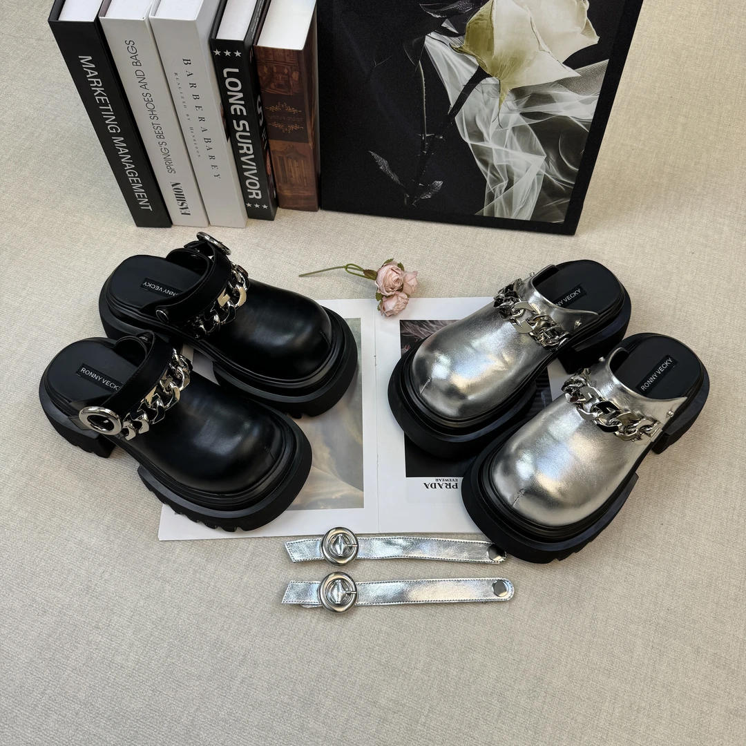 【魅影】真皮包头拖鞋厚底松糕圆头半拖时尚休闲百搭女鞋25LF00155