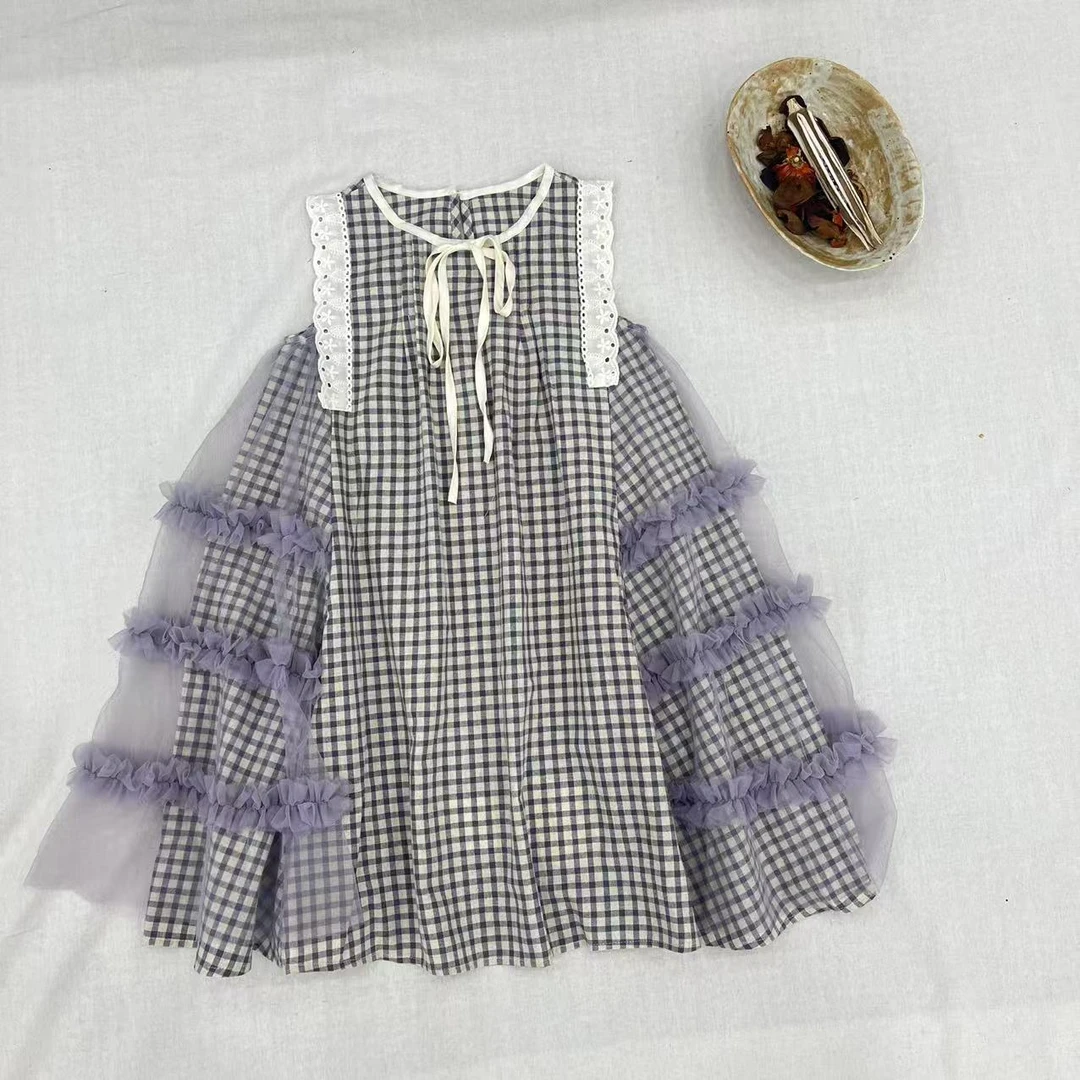 〖姐姐家〗25夏款儿童格子蝴蝶结系带纱纱连衣裙c2671 bt6262