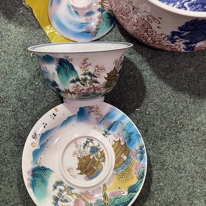 摆件陶红稀土青绿山水盖碗