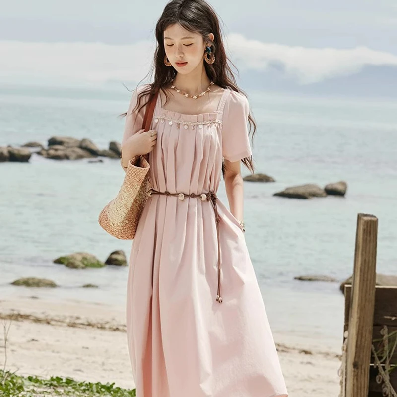 【送腰带】粉色贝壳压褶连衣裙夏季波嬉风D1587