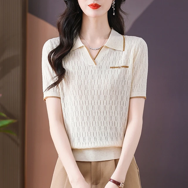 洋气polo领翻领短袖T恤套头显瘦百搭2025薄款上衣女针织衫妈妈装