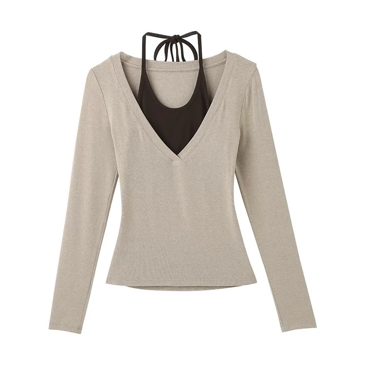 ZZ长袖假两件V领内搭短款针织秋冬微透V领打底衫X077