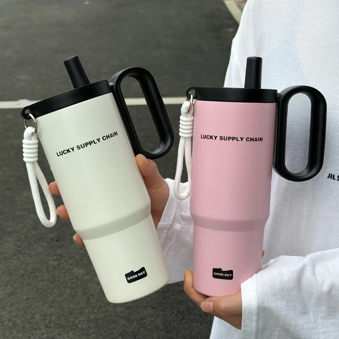 保温杯女高颜值运动新款316不锈钢带手柄吸管杯车载便携保温保冷w