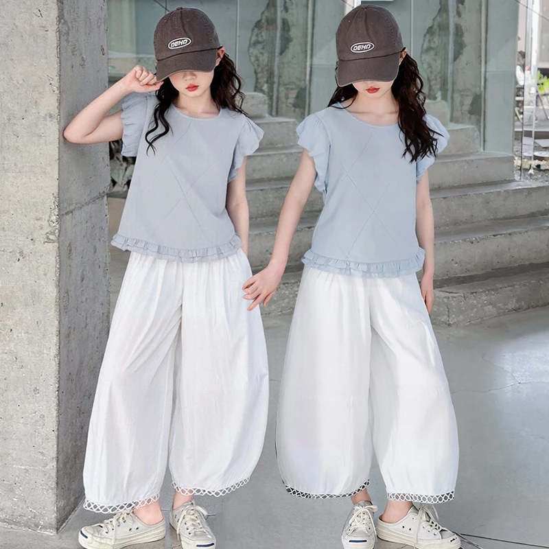 女童夏装新款套装中大儿童泡泡袖上衣女孩夏装灯笼裤夏款两件套潮