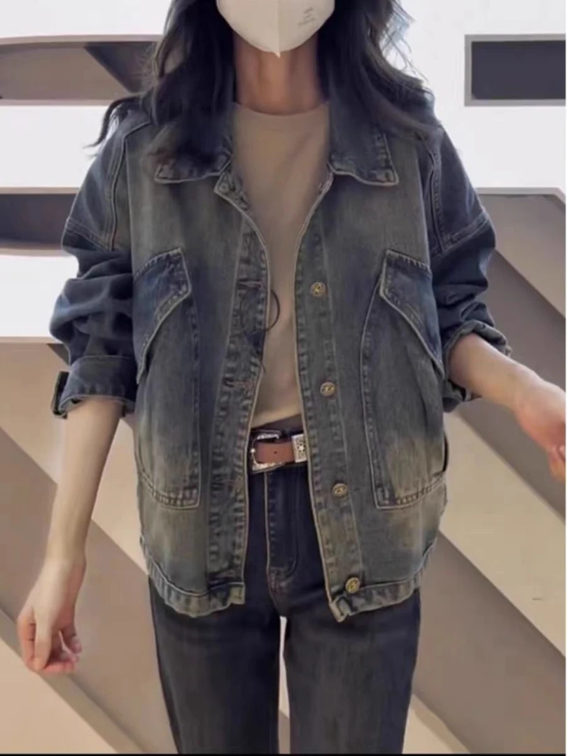 101/200女长袖短外套显毛边复古牛仔外套显瘦短款水洗百搭