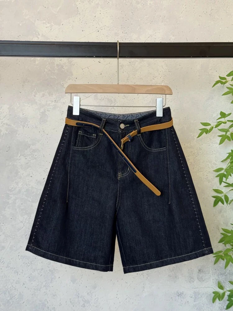 小姐姐25年夏新款欧货高腰明线压褶百搭显瘦阔腿裤五分裤牛仔短裤