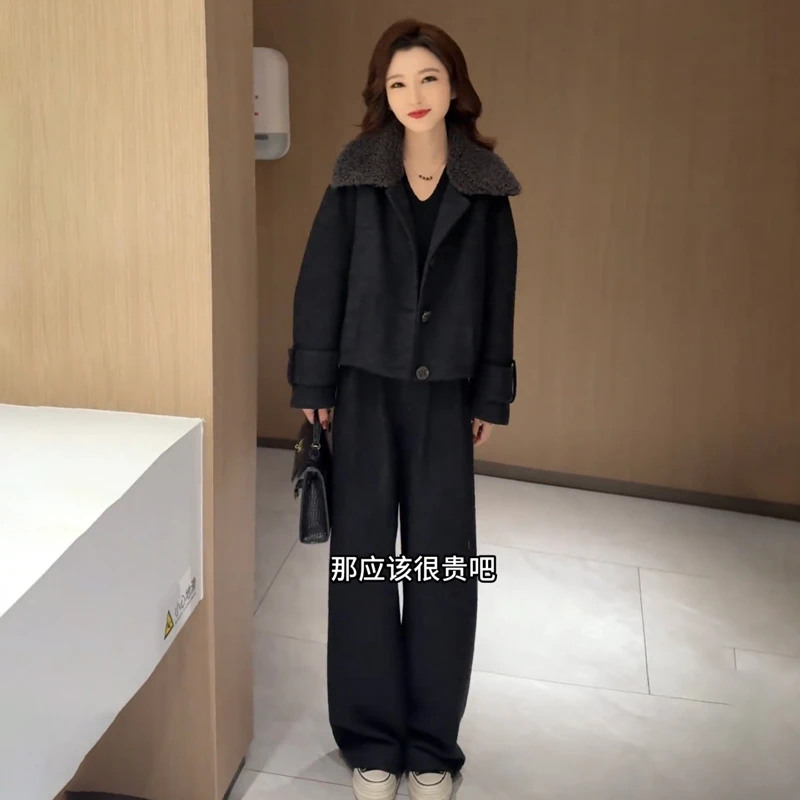 时尚小香风棉衣棉服套装女2025秋冬新款拼接棉服外套阔腿裤两件套