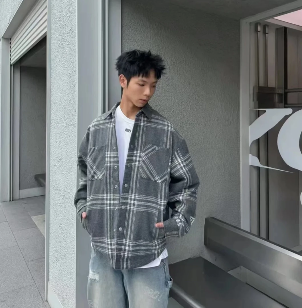 E02#撤柜款！太顶了！门店四九九！灰白格纹夹棉衬衣外套夹克