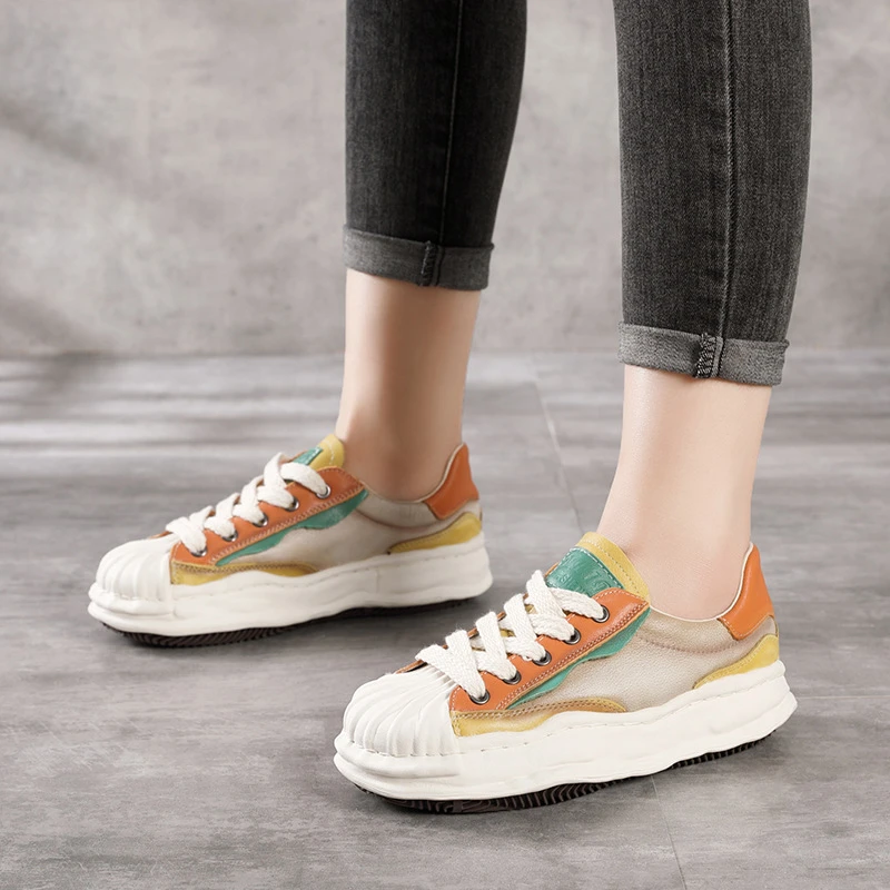 88056真皮软底头层牛皮单鞋系带拼色面包鞋厚底舒适贝壳鞋