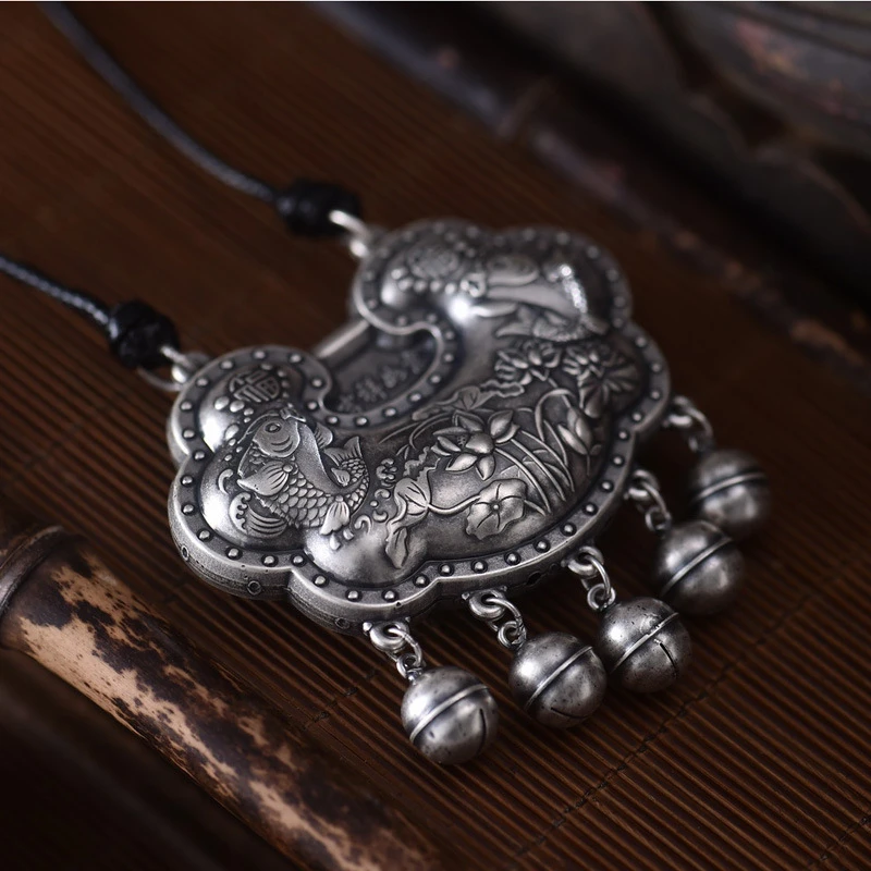 吊坠足银 999复古荷花平安锁名族风鱼戏莲花银锁项圈毛衣链吊坠