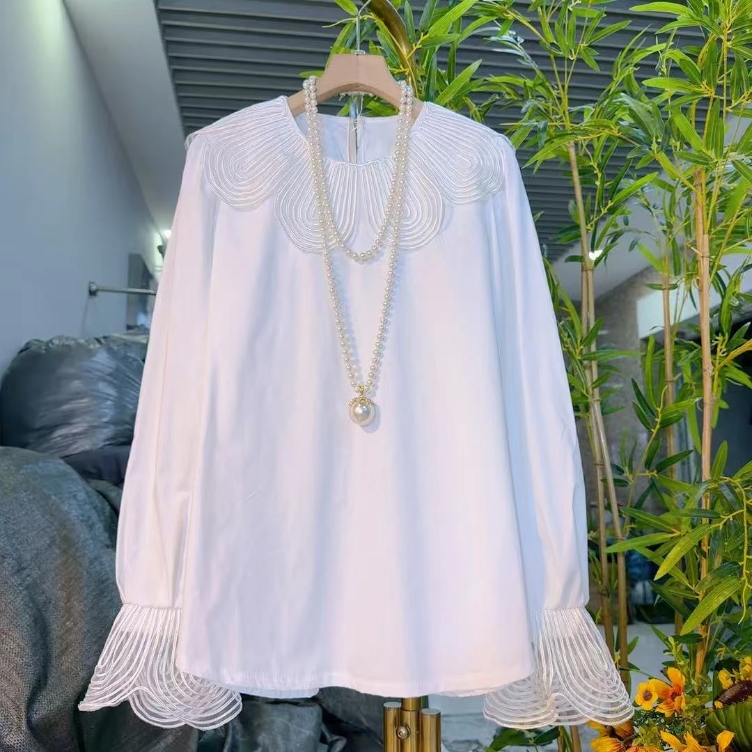 欧货时尚花边拼接喇叭袖衬衫微胖女装长袖时髦洋气新款25082