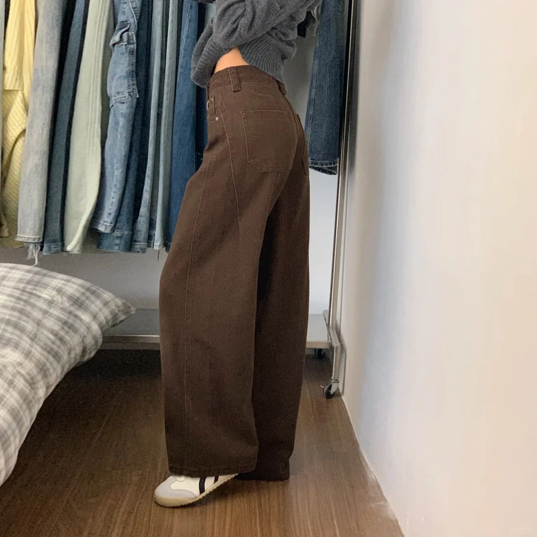 咖色弯刀裤2025新款直筒牛仔裤女大码胖mm显瘦小个子焦糖色阔腿裤